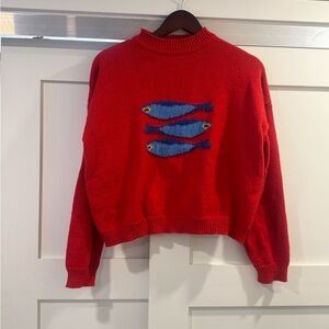 Red Sweater with Blue Fish Design